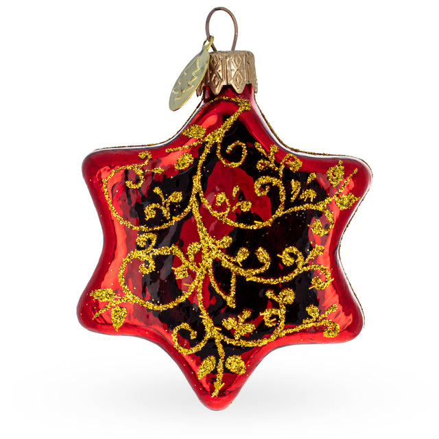 Glass Glossy Red Hexagon with Golden Pattern Glass Christmas Ornament in Red color Star