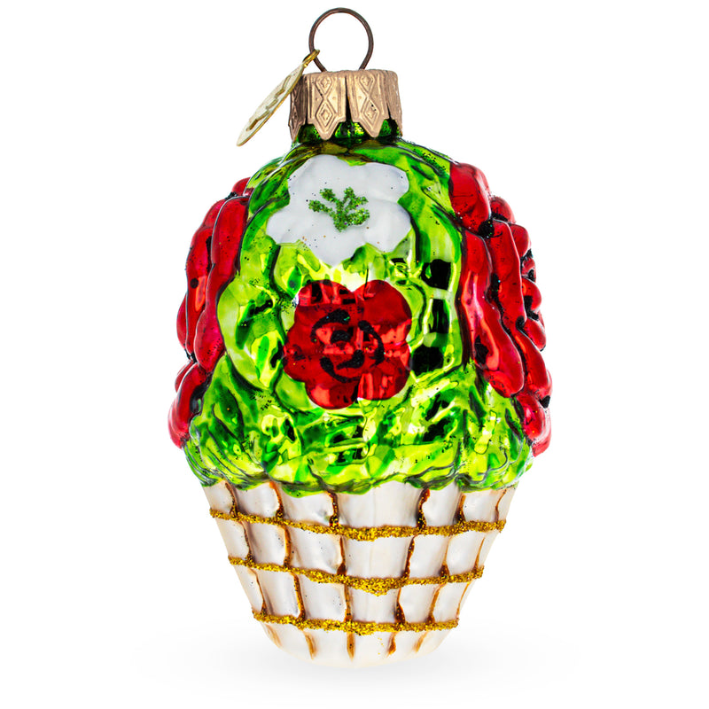 Buy Online Gift Shop Red Flowers in White Basket Glass Christmas Ornament