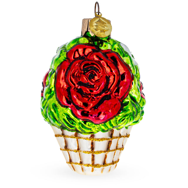 Red Flowers in White Basket Glass Christmas Ornament in Red color