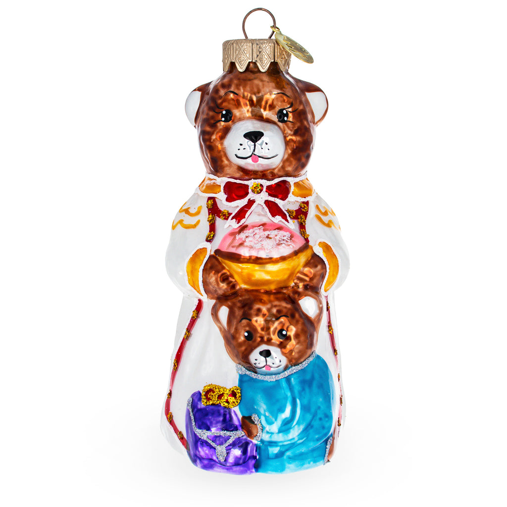 Mother Bear and Cub in Traditional Dress Glass Christmas Ornament in Brown color Figurine