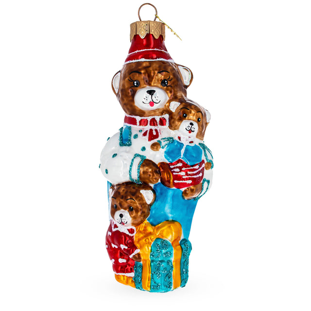 Glass Father Bear with Cubs in Traditional Dress Glass Christmas Ornament in Brown color
