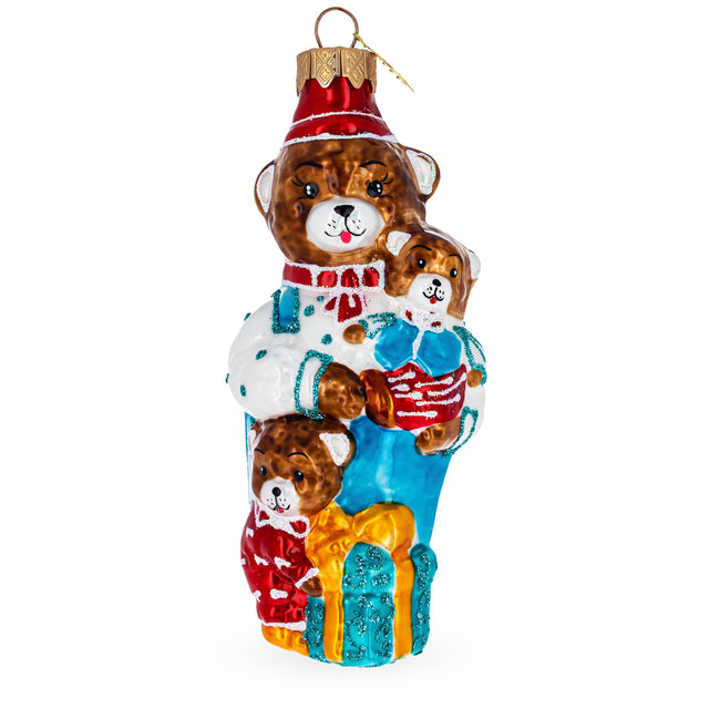Father Bear with Cubs in Traditional Dress Glass Christmas Ornament in Brown color