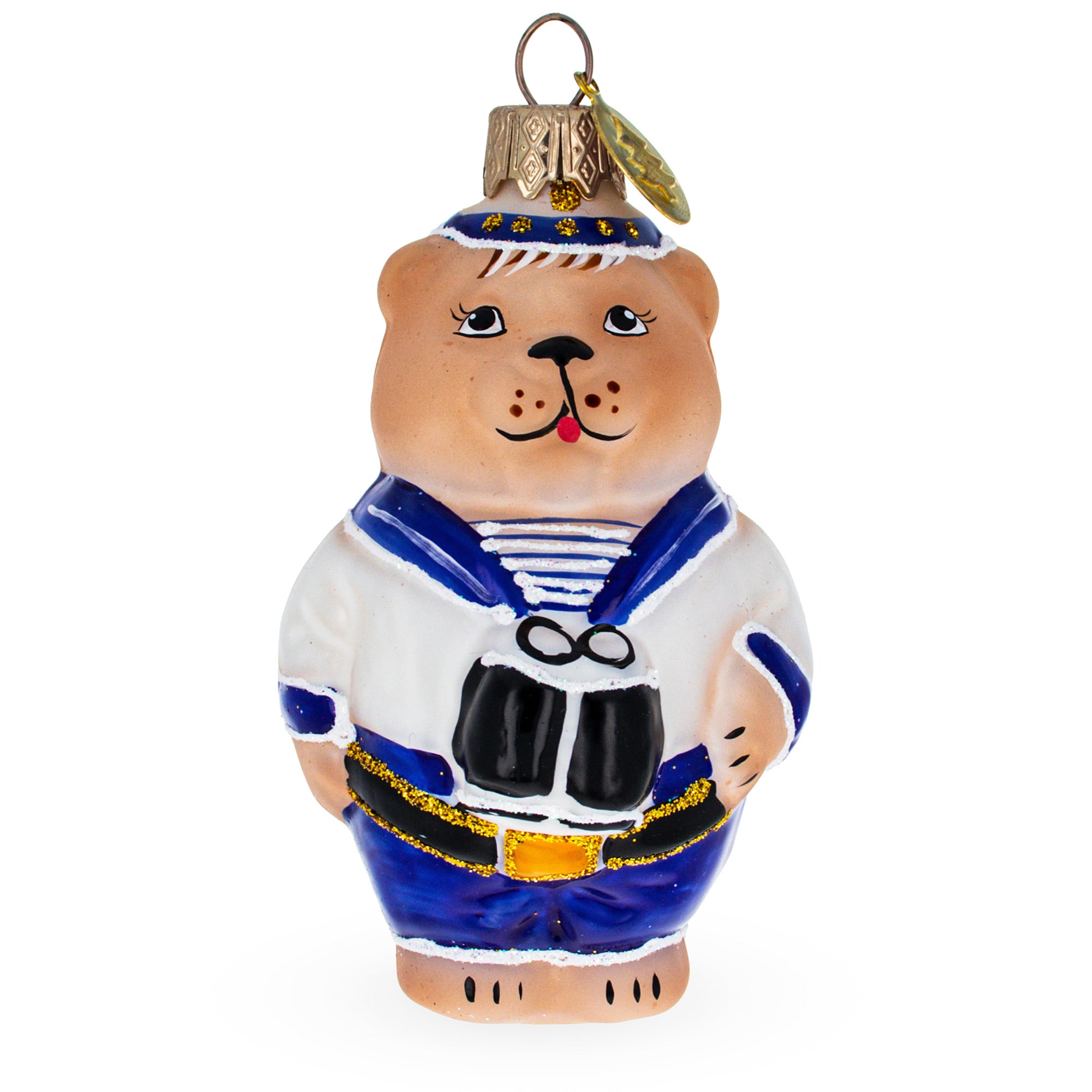 Sailor Bear with Binoculars Glass Christmas Ornament in Blue color Figurine
