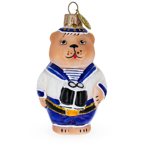 Sailor Bear with Binoculars Glass Christmas Ornament in Blue color