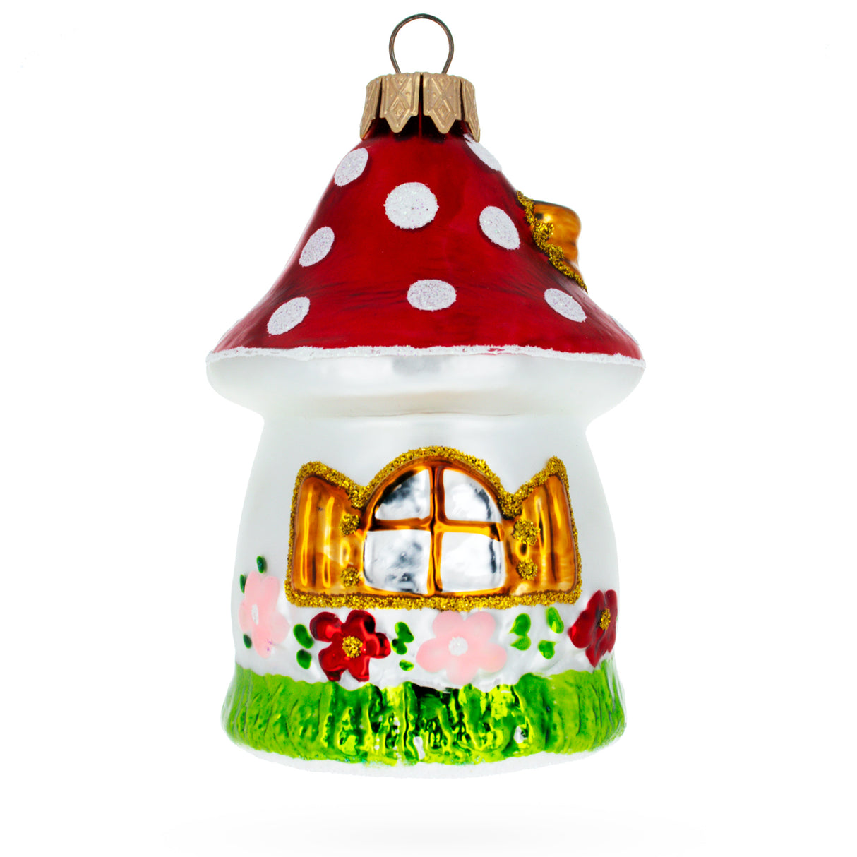 Mushroom House Glass Christmas Ornament in Multi color,  shape