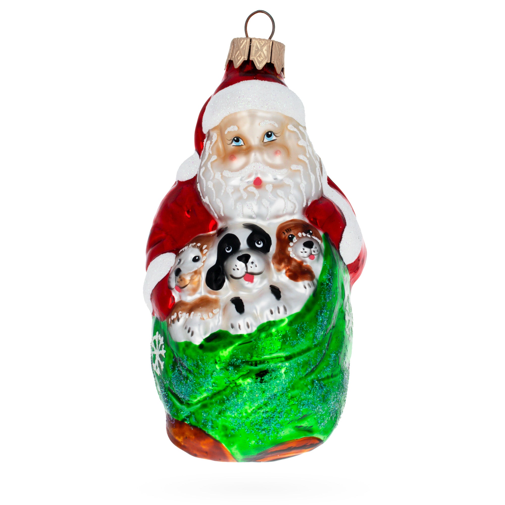 Santa with 3 Puppies Glass Christmas Ornament in Red color Figurine