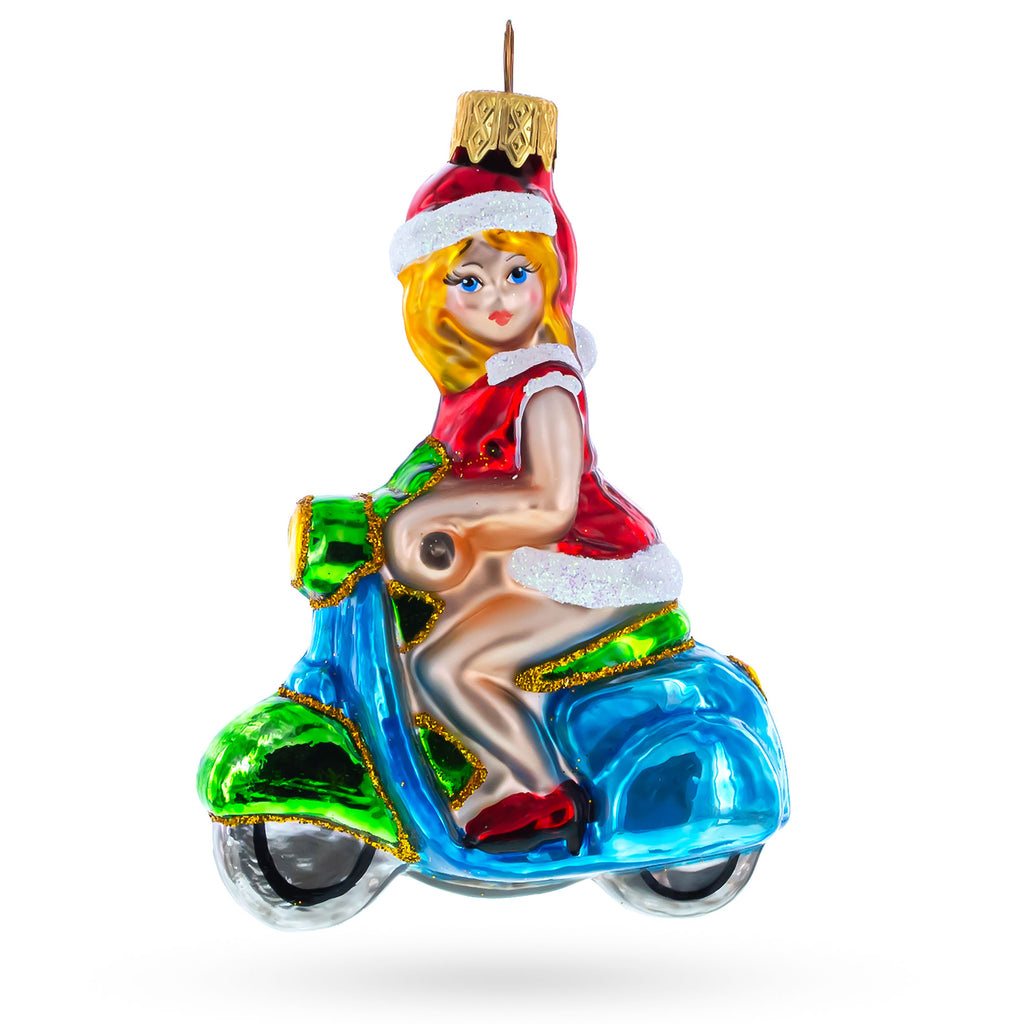 Girl Riding Scooter Glass Christmas Ornament in Red color Figurine