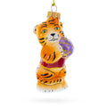 Tiger Cub with Ball Glass Christmas Ornament in Orange color Figurine