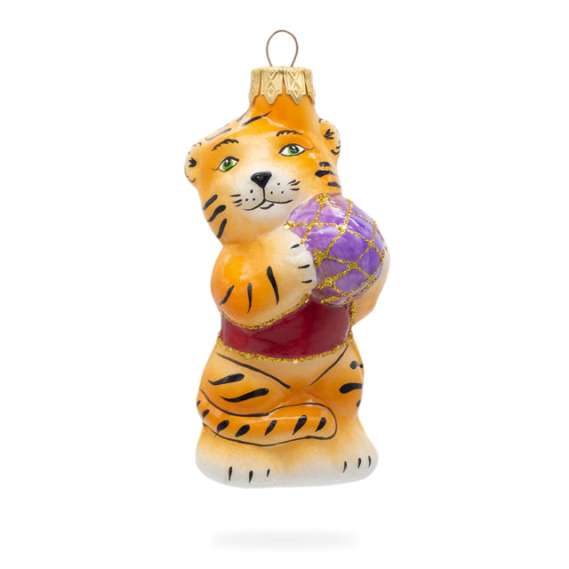 Tiger Cub with Ball Glass Christmas Ornament in Orange color,  shape