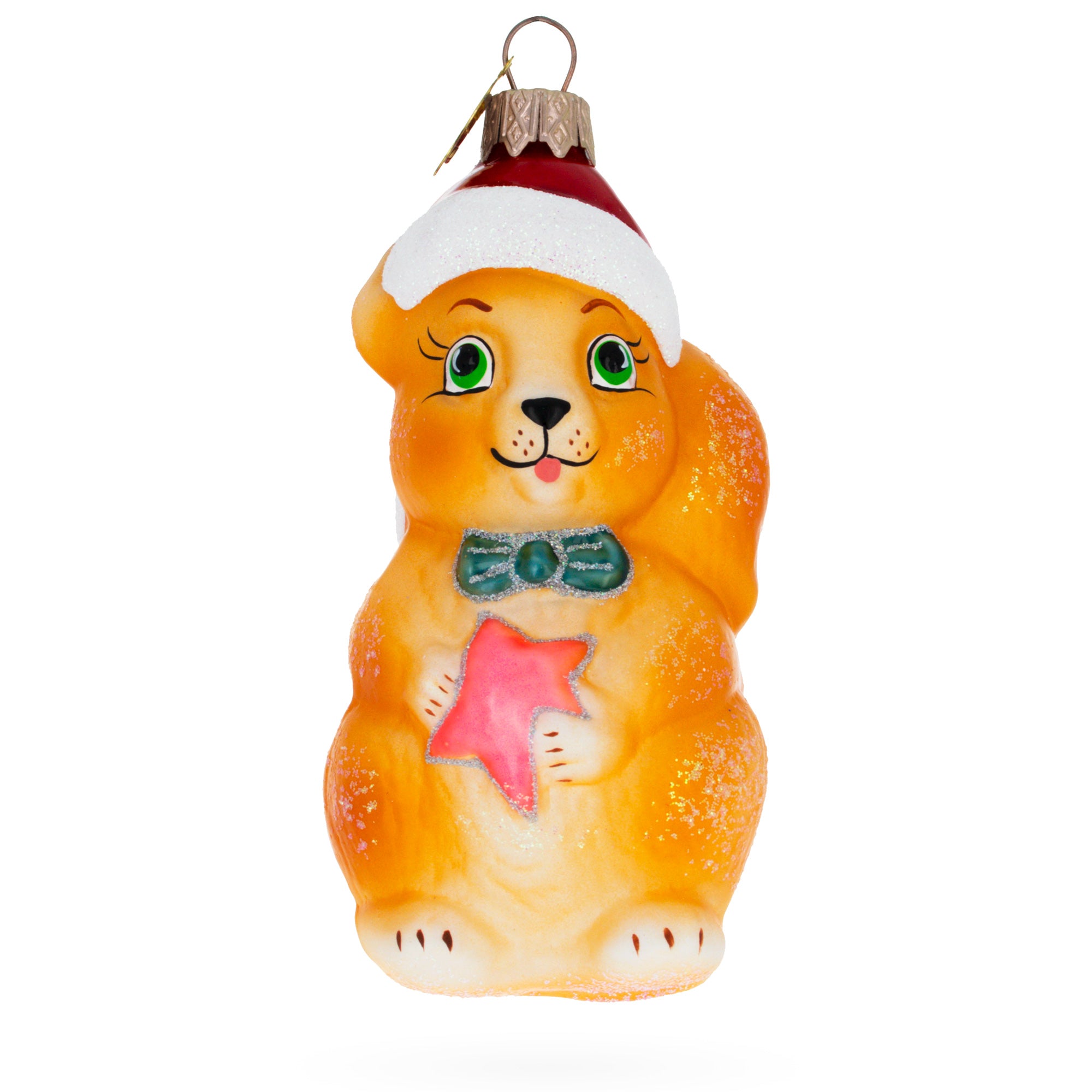 Santa Hat Squirrel Holding Star Glass Christmas Ornament in Brown color Figurine