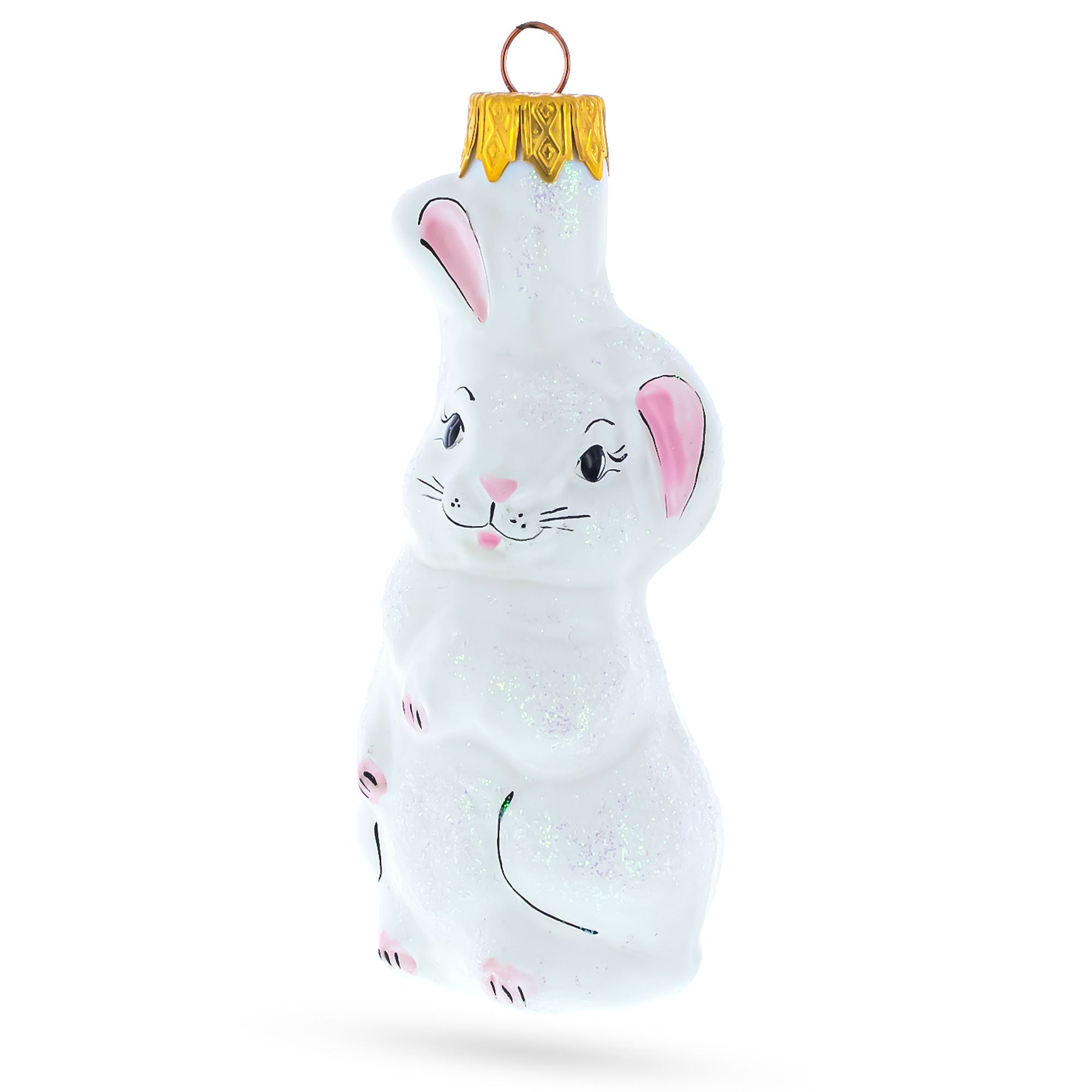 Whimsical White Bunny with Pink Ears Glass Christmas Ornament in White color Figurine