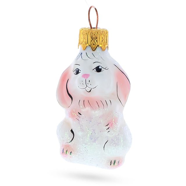 Sparkling White Bunny Mini Glass Christmas Ornament in White color