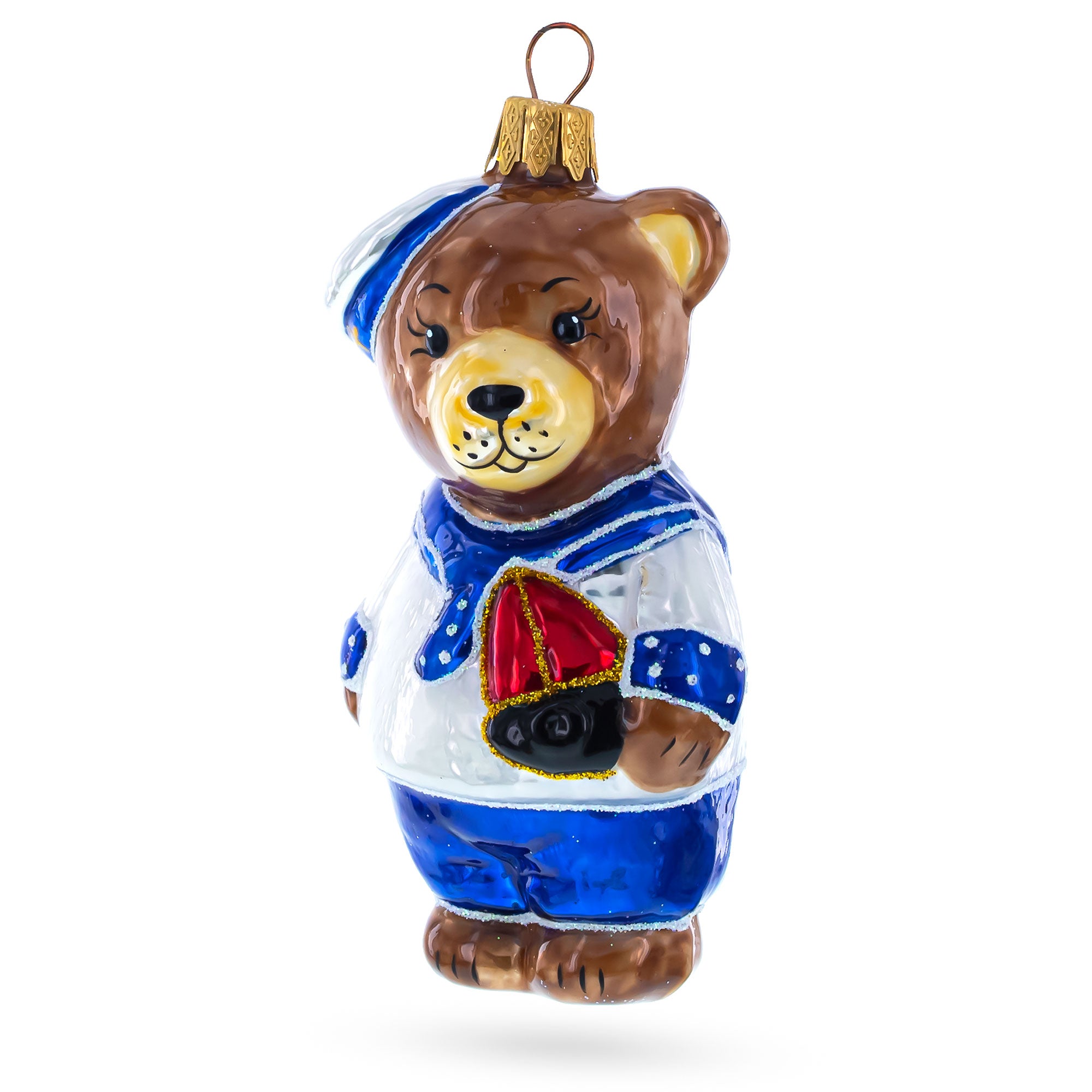 Sailor Teddy Bear with Nautical Outfit Glass Christmas Ornament in Brown color Figurine