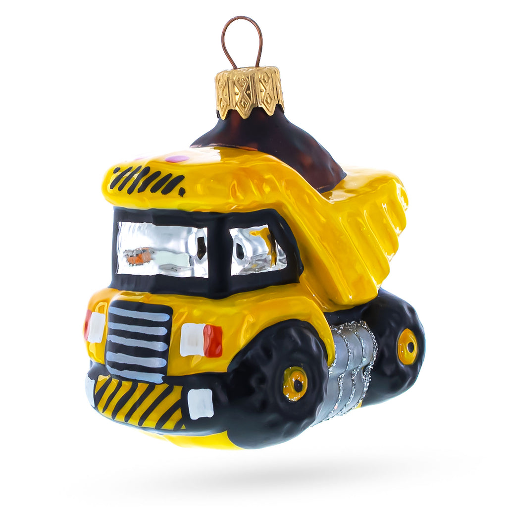 Construction Dump Truck Glass Christmas Ornament in Yellow color Figurine
