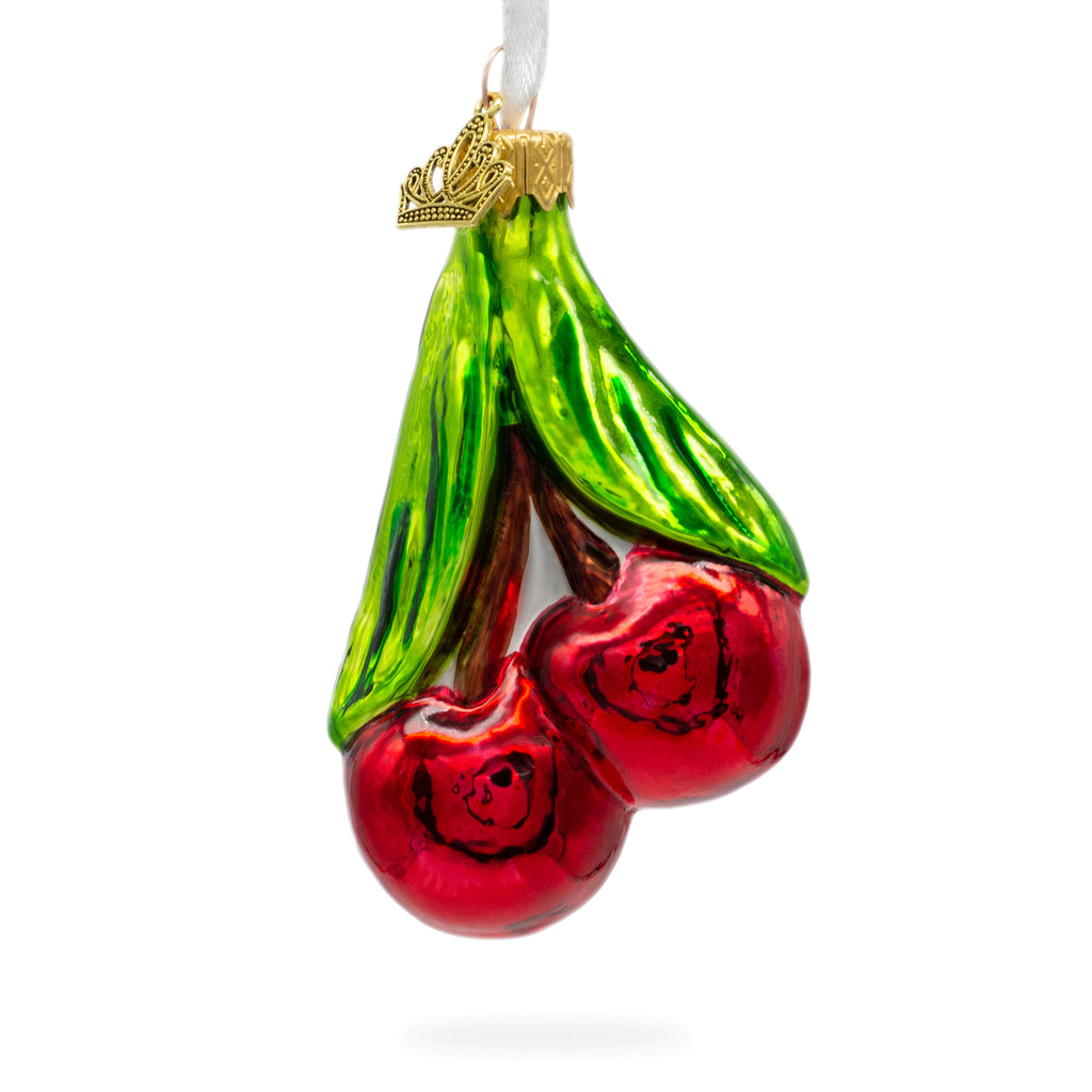 Red Cherries with Green Leaves Glass Christmas Ornament in Red color Figurine