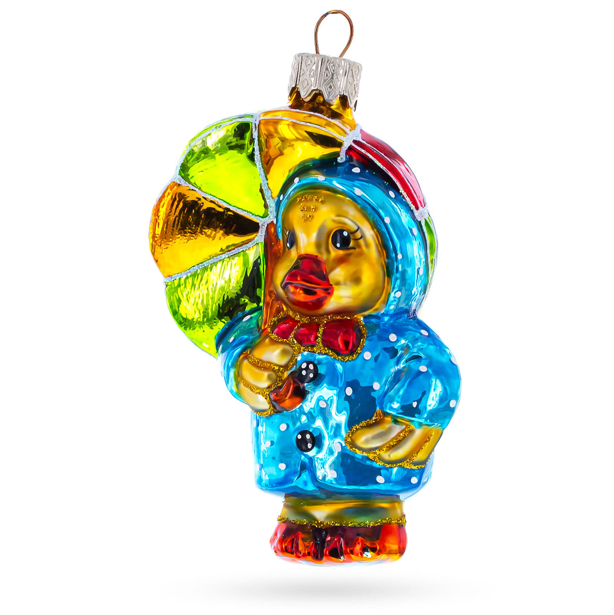 Duckling Wearing Raincoat with Umbrella Glass Christmas Ornament in Multi color,  shape
