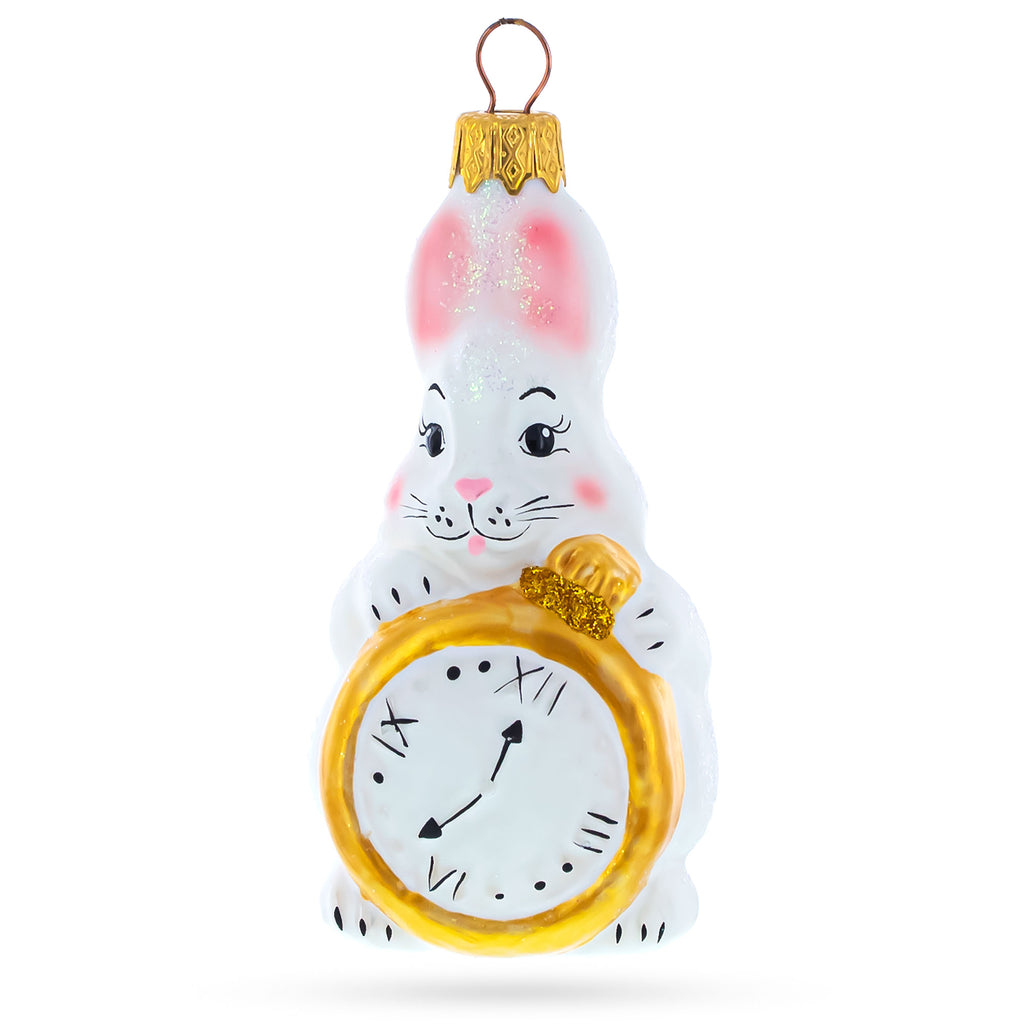 White Bunny with Timepiece Motif Glass Christmas Ornament in White color Figurine