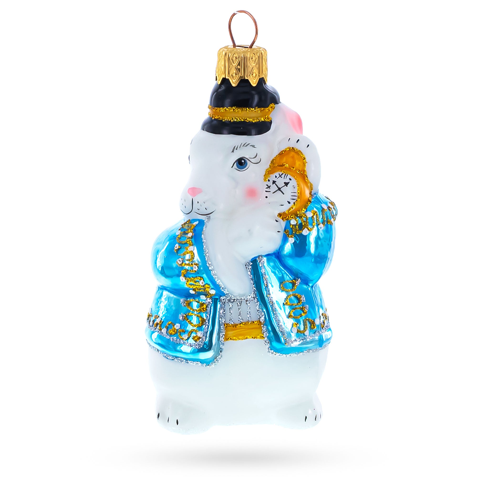 Rabbit with Blue Winter Coat and Gold Watch Glass Christmas Ornament in White color Figurine