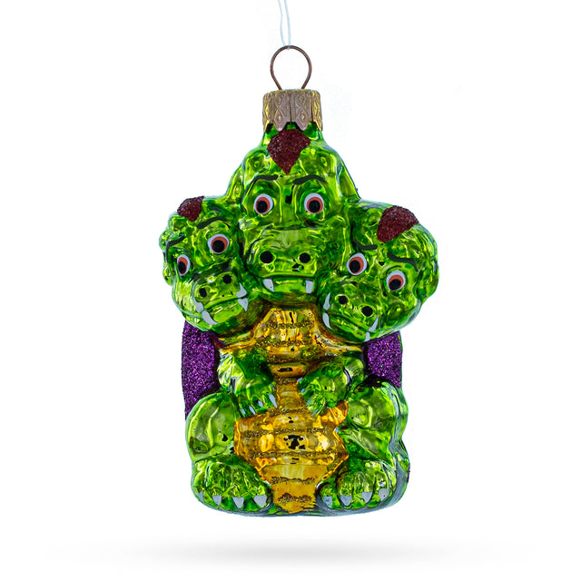 Three Headed Dragon Folk Tale Character Glass Christmas Ornament in Green color,  shape