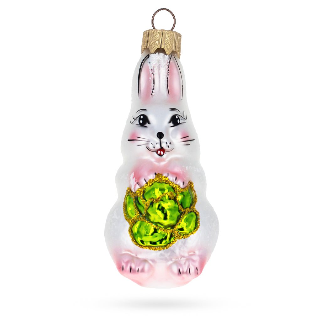 Bunny with Cabbage Glass Christmas Ornament in White color Figurine