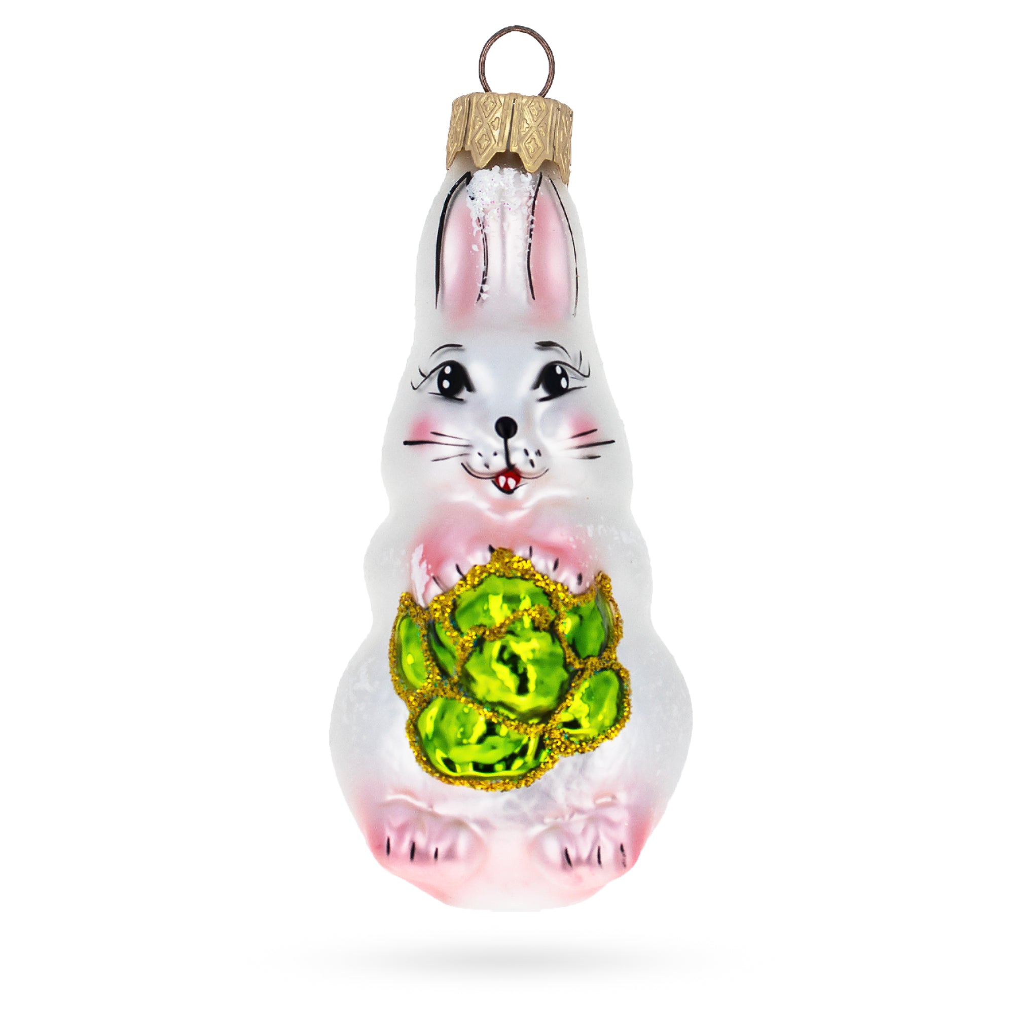 Bunny with Cabbage Glass Christmas Ornament in White color Figurine