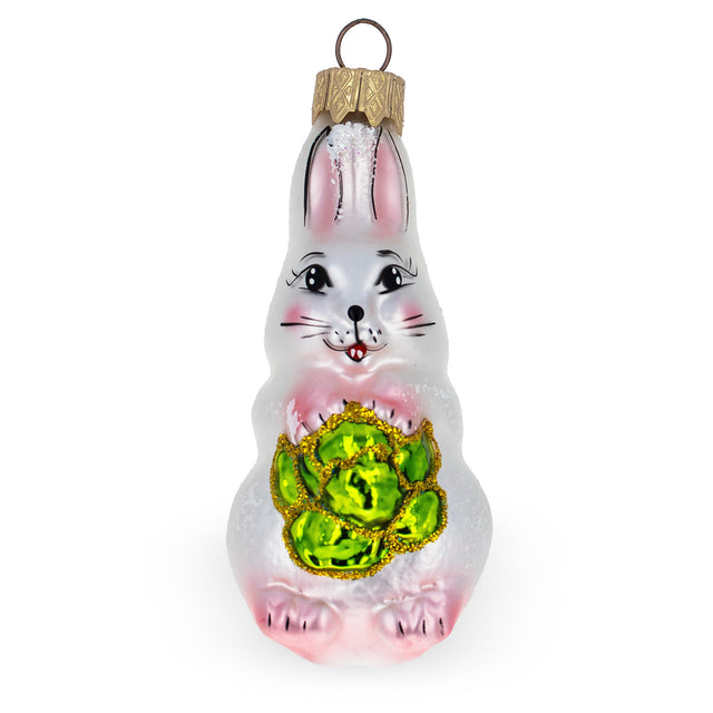 Charming Bunny with Cabbage Glass Christmas Ornament in White color,  shape