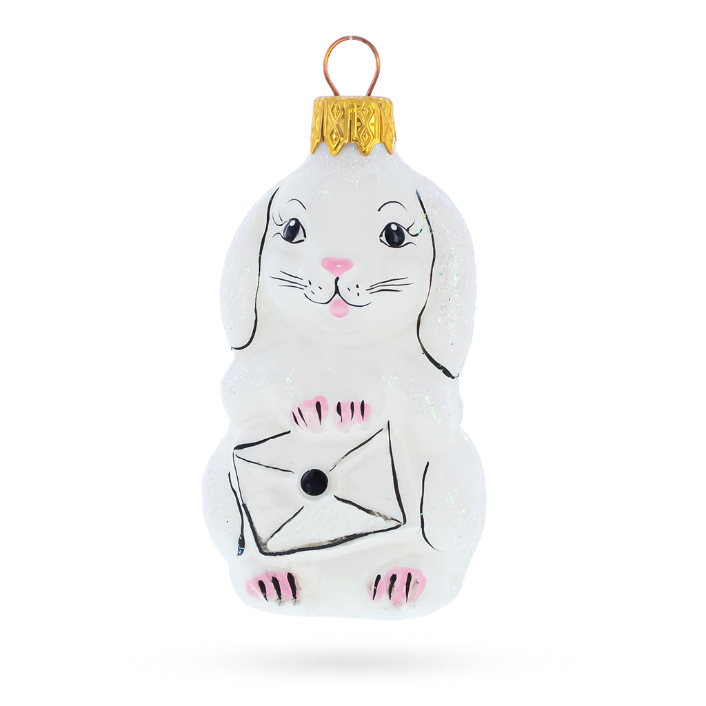 Whimsical Bunny Messenger with Envelope Glass Ornaments in White color Figurine