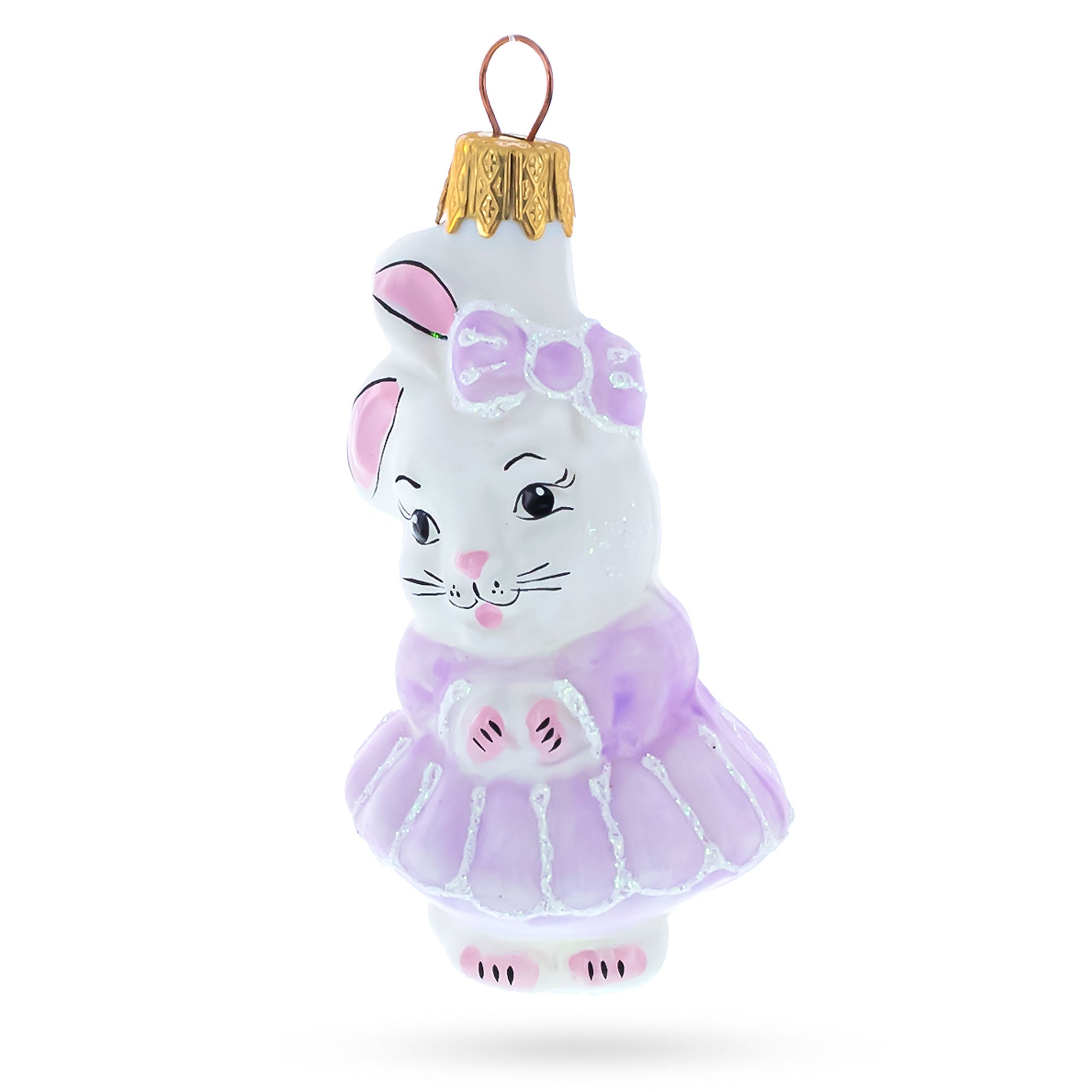 White Bunny Wearing Purple Tutu Dress Glass Christmas Ornament in Purple color Figurine