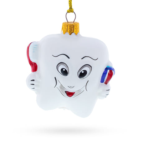 Smiling Tooth with Toothbrush & Toothpaste Dental Glass Christmas Ornament in White color