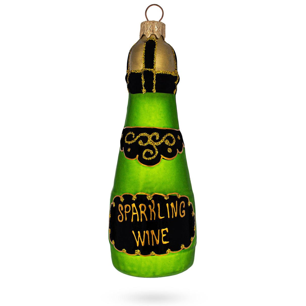 Bottle of Sparkling Wine Champagne Glass Christmas Ornament in Green color,  shape