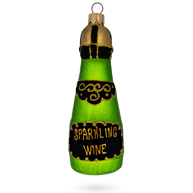 Bottle of Sparkling Wine Champagne Glass Christmas Ornament in Green color