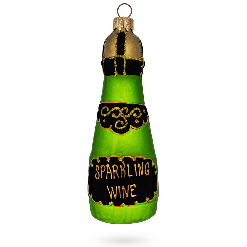 Bottle of Sparkling Wine Champagne Glass Christmas Ornament in Green color