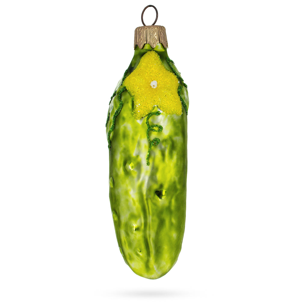 Cucumber with Vine and Star Blossom Glass Christmas Ornament in Green color Figurine