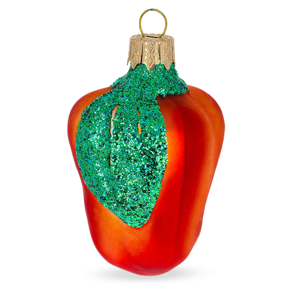 Red Bell Pepper with Green Glitter Stem Glass Christmas Ornament in Red color Figurine