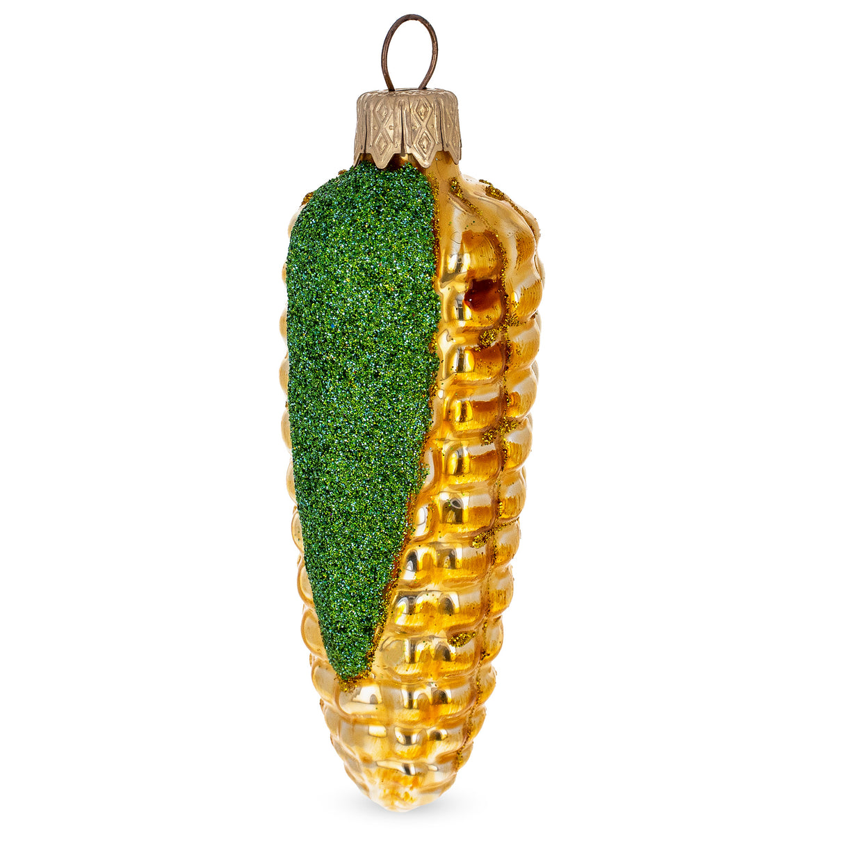 Glittered Corn on the Cob Glass Christmas Ornament in Yellow color,  shape