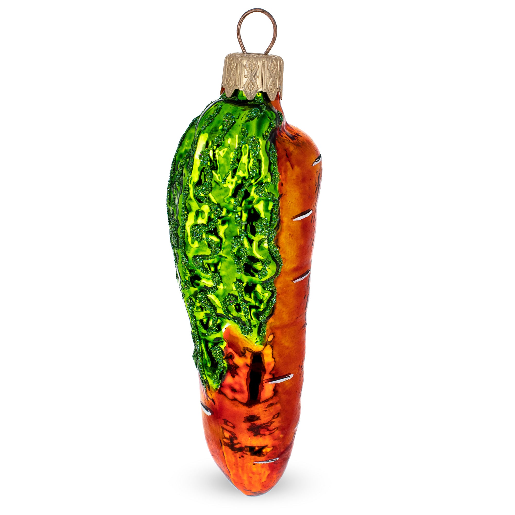 Orange Carrot with Glitter Leaves Glass Christmas Ornament in Orange color Figurine