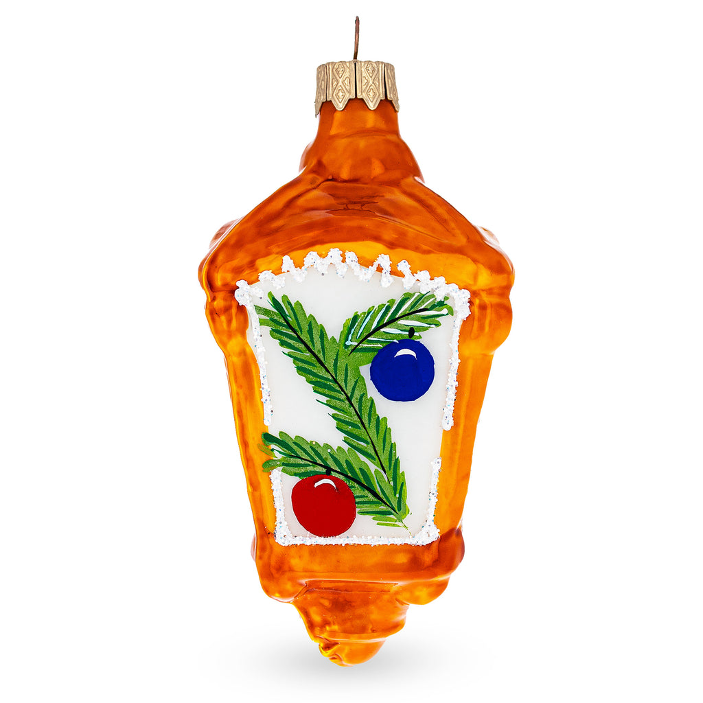 Lantern with Pine Branch Glass Christmas Ornament in Orange color Figurine