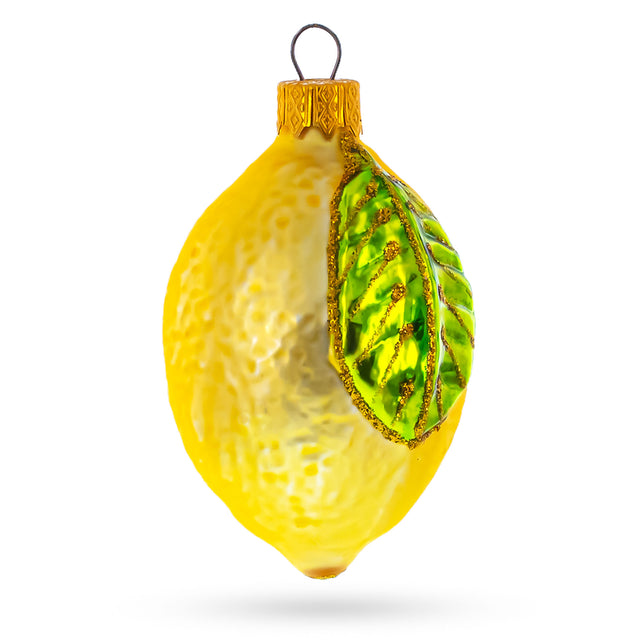 Lemon with Leaf Glass Christmas Ornament in Yellow color, Oval shape