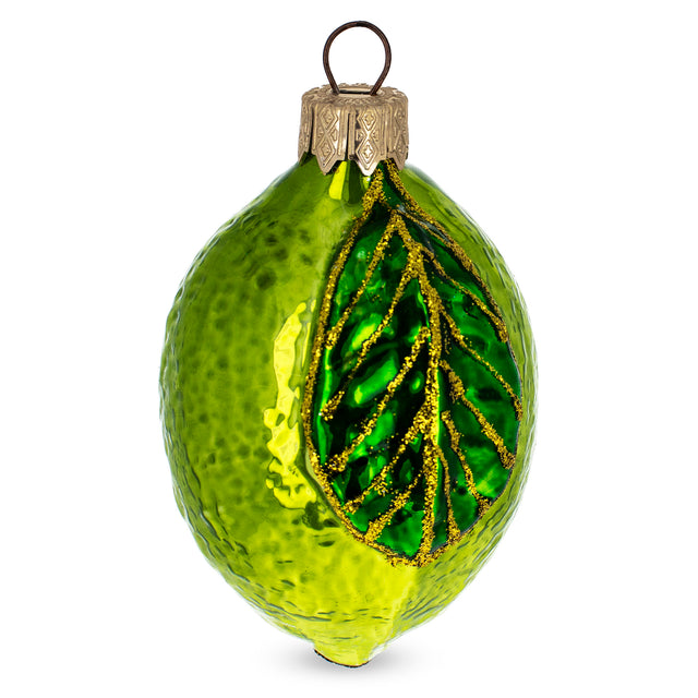 Lime with Shiny Leaf Glass Christmas Ornament in Green color Oval