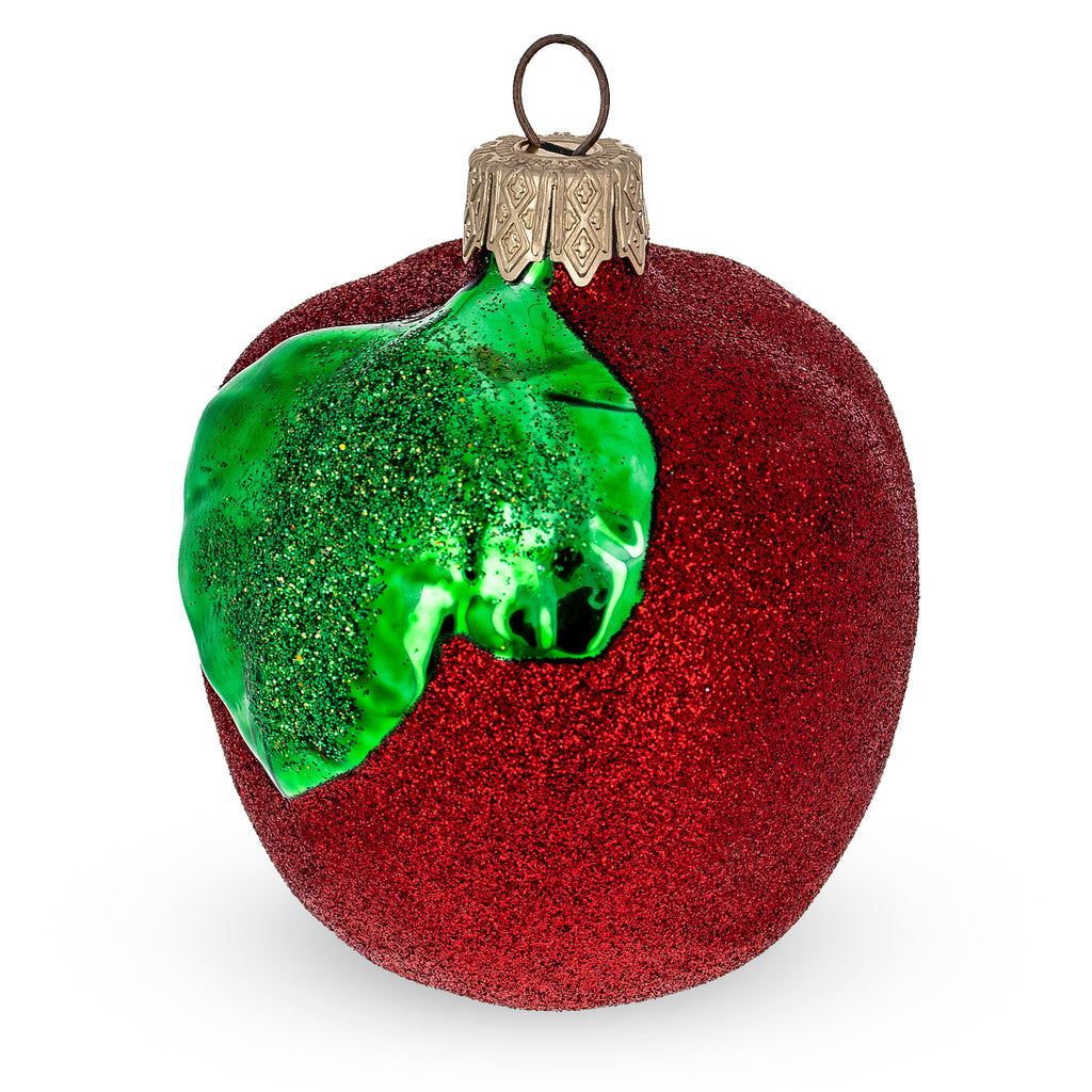 Red Apple with Green Leaf Glass Christmas Ornament in Red color Figurine