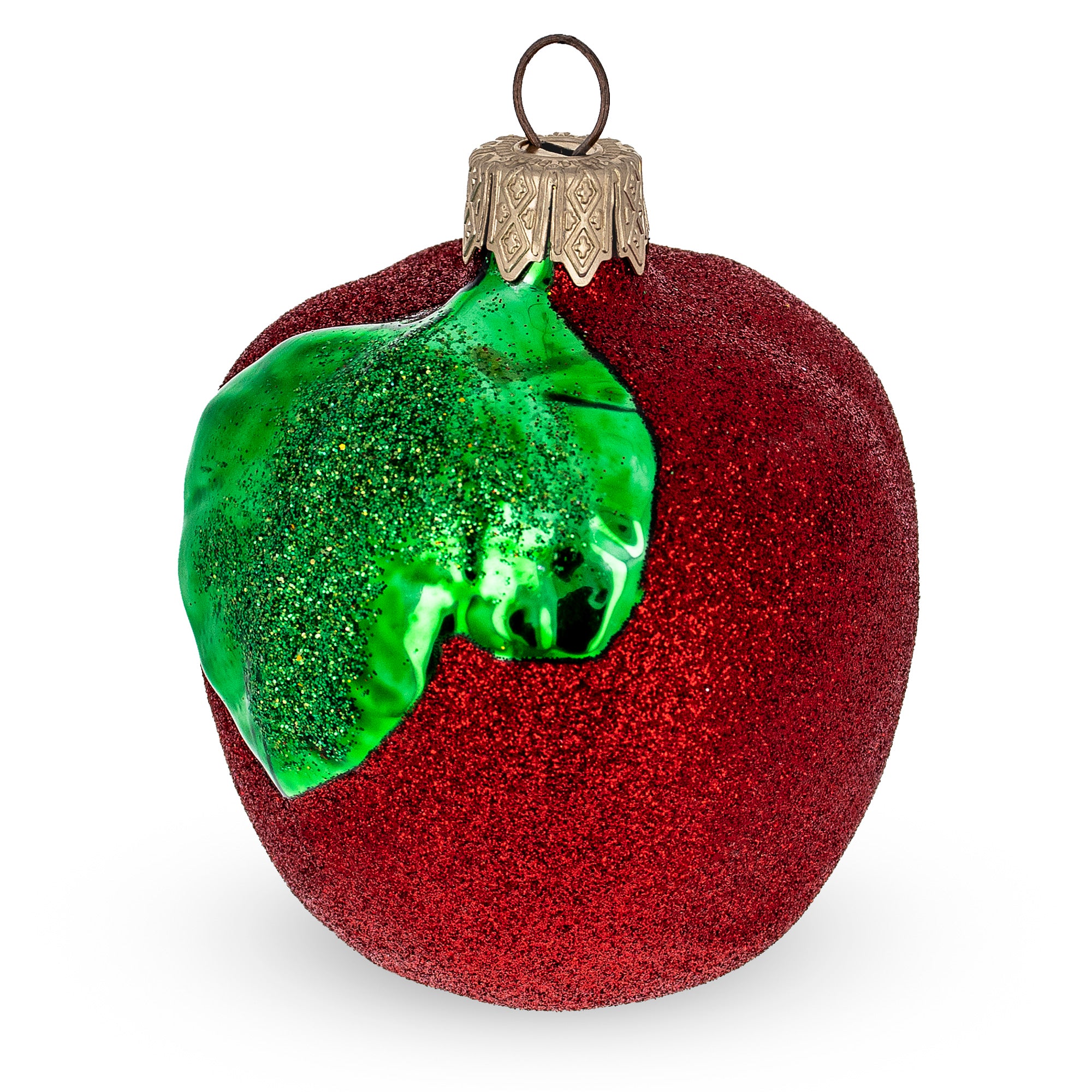 Red Apple with Green Leaf Glass Christmas Ornament in Red color Figurine