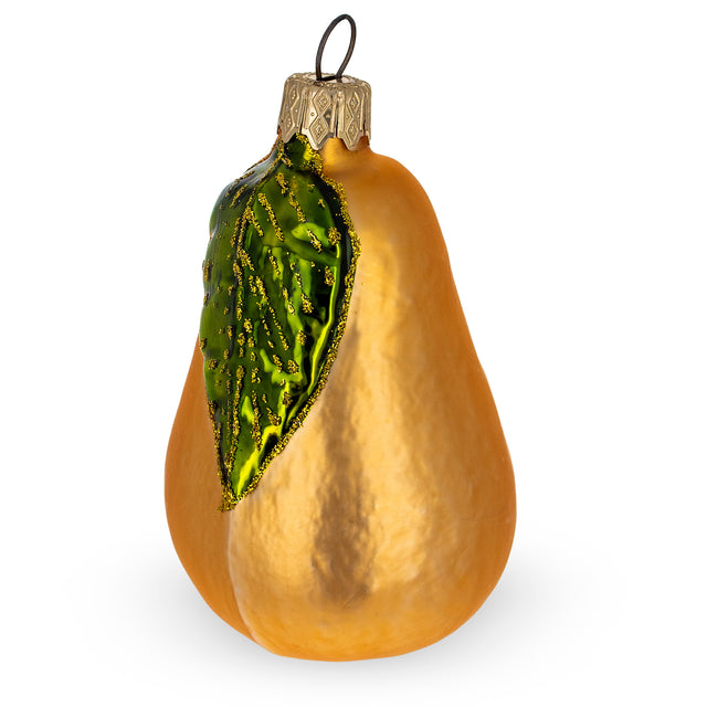 Pear with Shiny Leaf Glass Christmas Ornament 3.8 Inches in  color