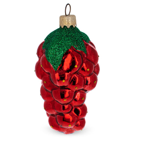 Shiny Grape Cluster with Glittered Leaf Glass Christmas Ornament in Red color