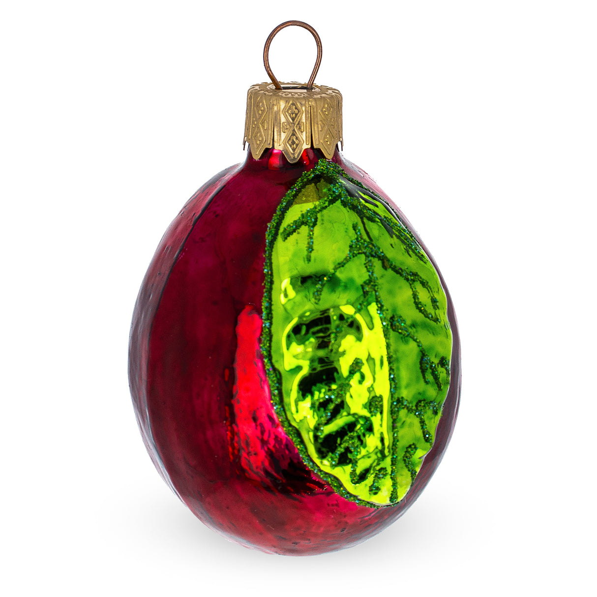 Plum with Shiny Leaf Glass Christmas Ornament in Red color, Oval shape