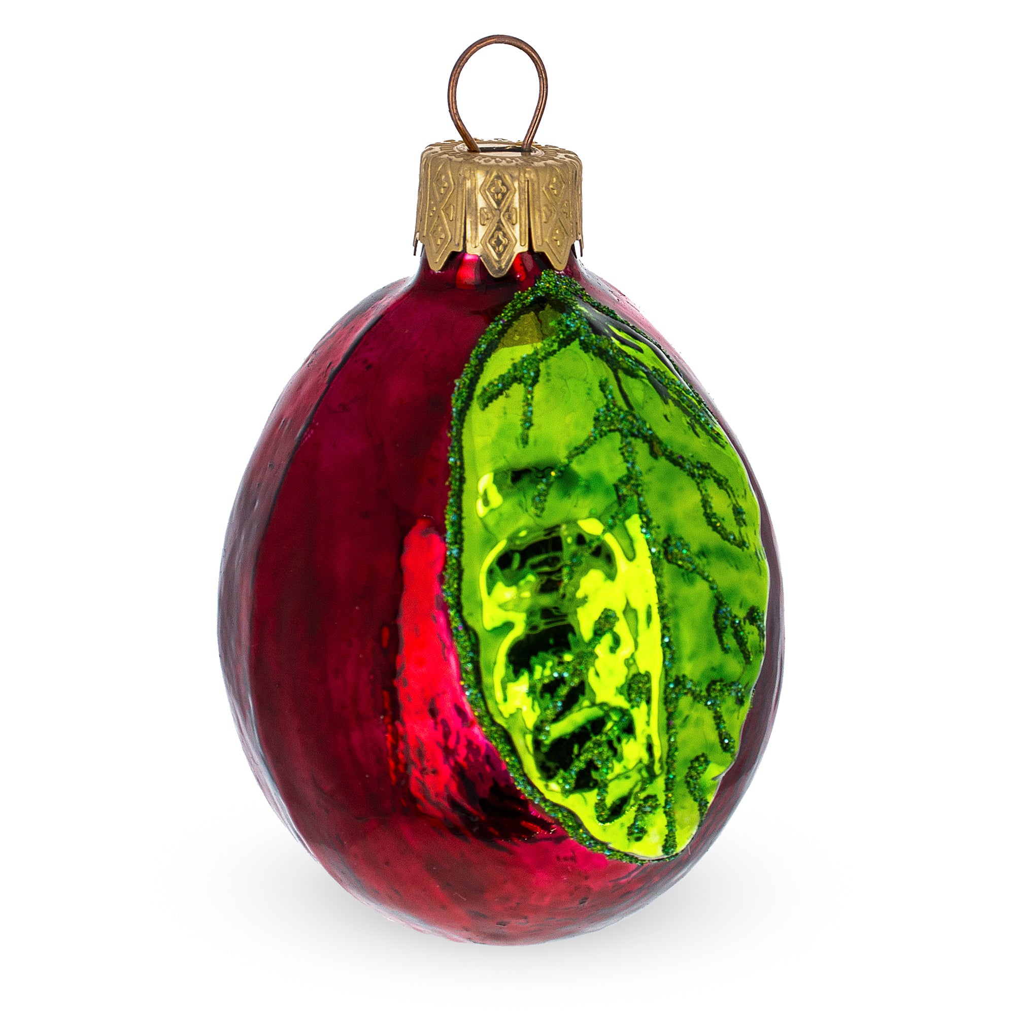 Red Plum with Green Leaf Glass Christmas Ornament in Red color Figurine