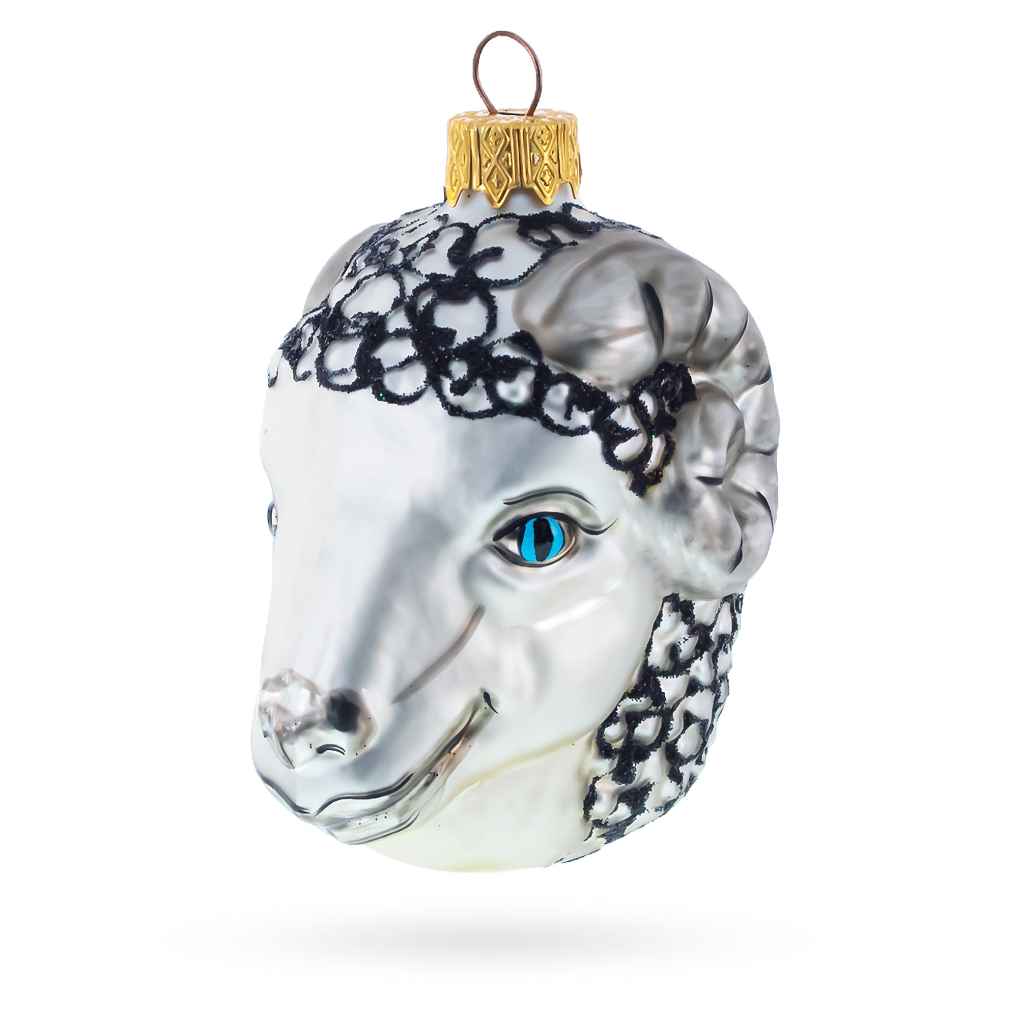 Ram Head with Blue Eyes Glass Christmas Ornament in Silver color Figurine