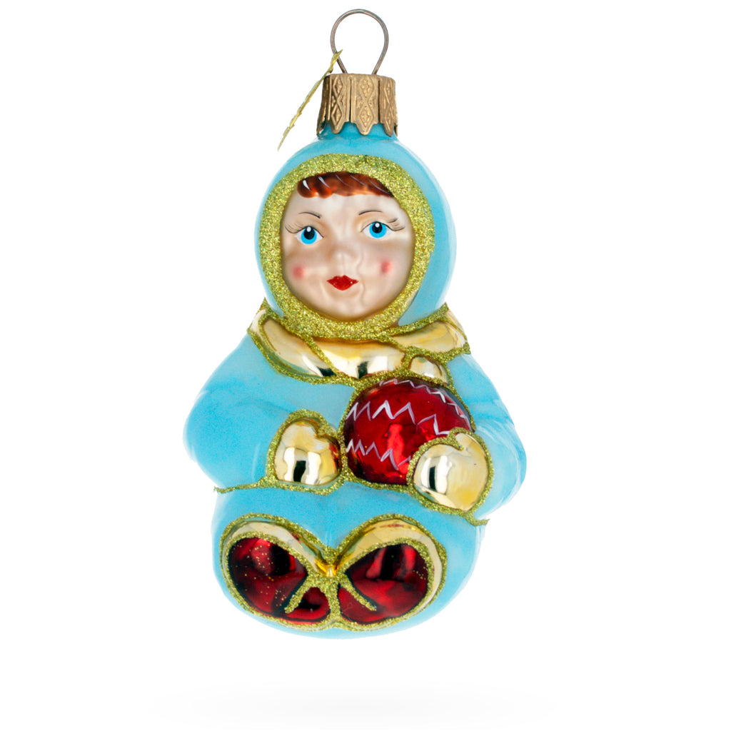 Glass Toddler Boy in Blue Glass Christmas Ornament in Blue color