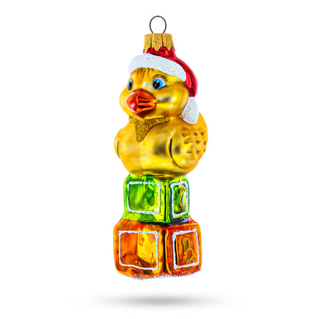 Glass Yellow Duck on Letter Blocks Glass Christmas Ornament in Yellow color