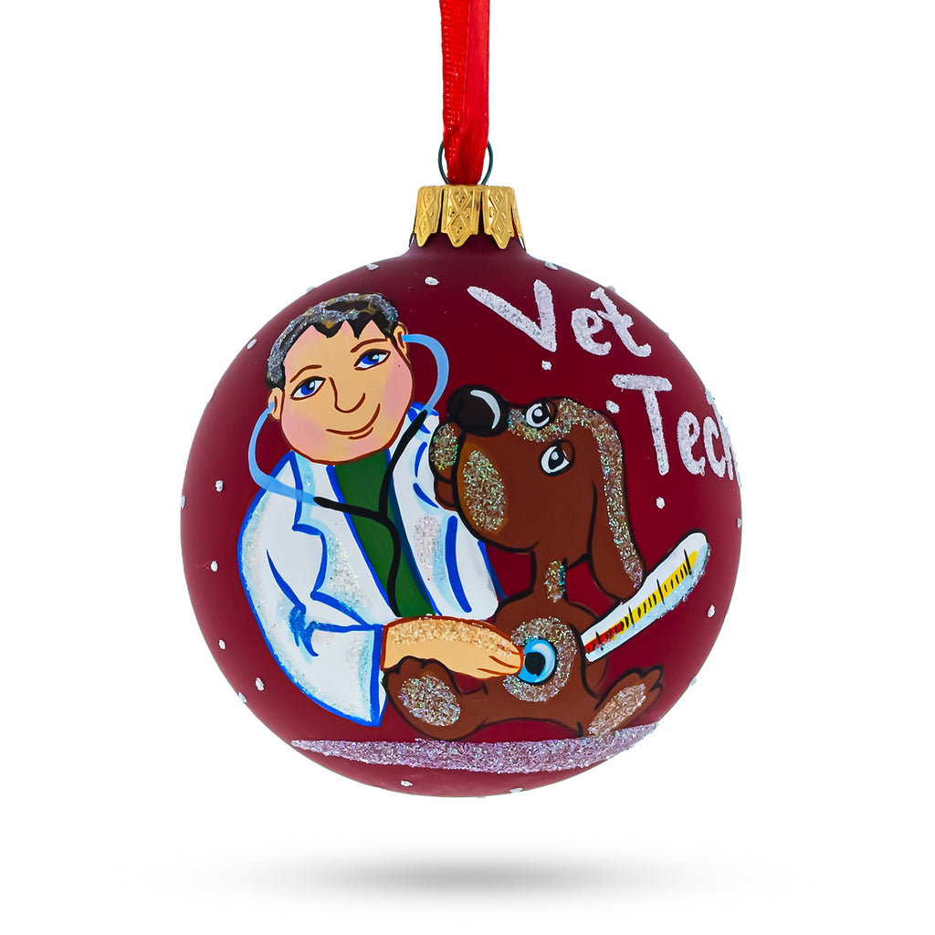 Glass Dedicated Veterinarian Technician - Blown Glass Ball Christmas Ornament 3.25 Inches in Red color Round