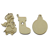 Set of 3 Wooden Angel, Stocking and Christmas Ball Ornament Cutouts in Beige color